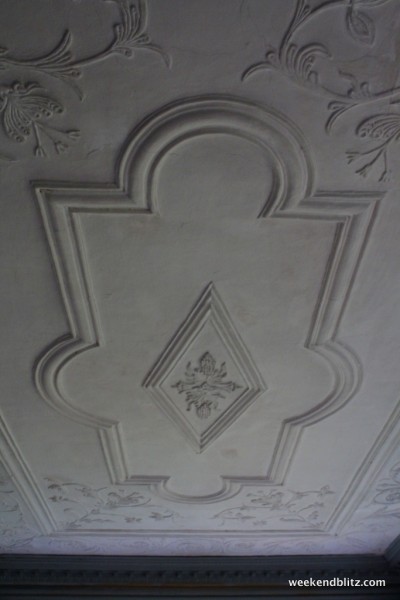 The Withdrawing Rooms's hand-formed plaster ceiling, a rare 18th-century example. Believed to be best/oldest example in N. America